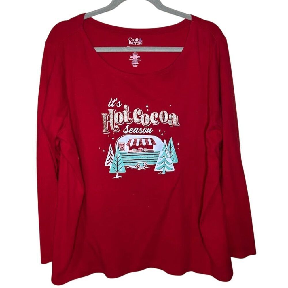Croft & Barrow Women's 1X Red Christmas Long Sleeve Tee Hot Cocoa Season
